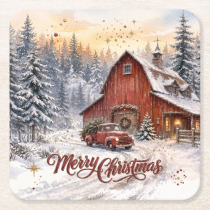 Watercolor Red Barn Christmas Square Paper Coaster