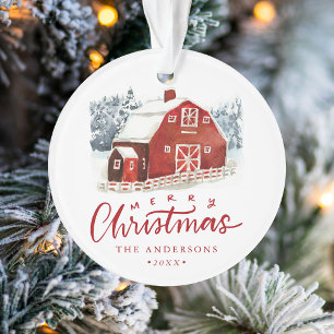 Watercolor Red Barn Photo Ornament
