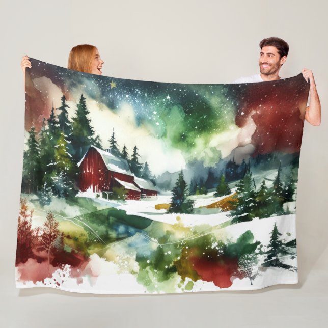 Watercolor Red Barn Winter Scene Fleece Blanket (In Situ)
