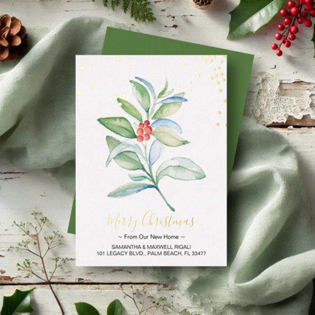 Watercolor Red Berries and Foliage Christmas Foil Holiday Card (Christmas cards watercolor botanical art by Victoria Grigaliunas VG Invites)