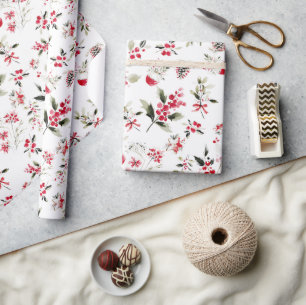 Watercolor Red Berries and Greenery Christmas Wrapping Paper