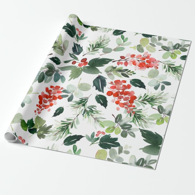Watercolor Red Berries Greenery Christmas Holiday Wrapping Paper (Unrolled)