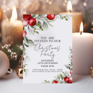 Watercolor Red Berries Greenery Christmas Party Invitation