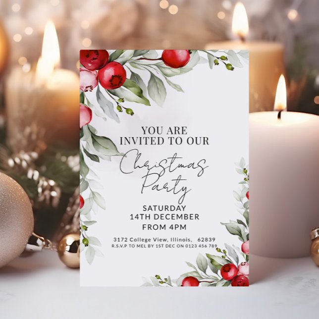 Watercolor Red Berries Greenery Christmas Party  Invitation (Creator Uploaded)