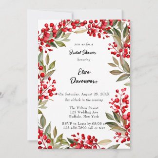 Watercolor Red Berry Wreath Bridal Shower Invitation