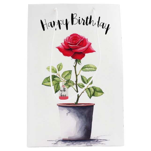 Watercolor Red Birthday Rose Medium Gift Bag (Front)