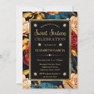 Watercolor Red Blue and Gold Flowers Sweet 16 Invitation
