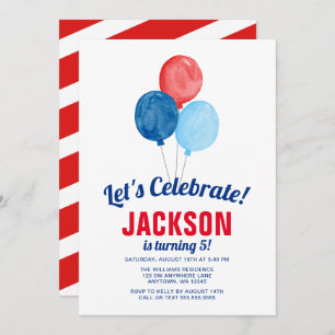 Watercolor Red Blue Balloons Boy Birthday Invitation