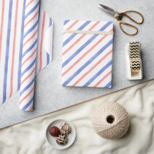 Watercolor Red & Blue Diagonal Stripes Wrapping Paper