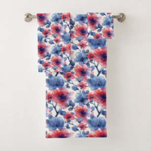 Watercolor red, blue flowers on a white bath towel set