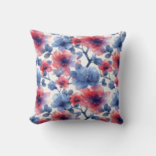 Watercolor red, blue flowers on a white cushion