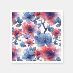 Watercolor red, blue flowers on a white napkin