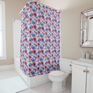 Watercolor red, blue flowers on a white shower curtain
