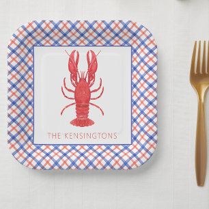 Watercolor Red & Blue Plaid Lobster Paper Plate