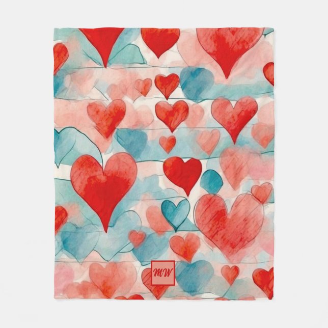 Watercolor red, blue, soft, pink hearts monogram fleece blanket (Front)