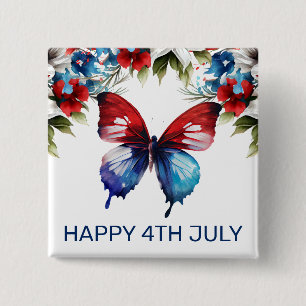 Watercolor Red, Blue & White Flowers 4th of July 15 Cm Square Badge