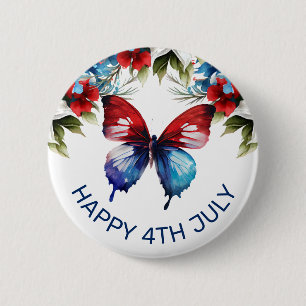 Watercolor Red, Blue & White Flowers 4th of July 6 Cm Round Badge