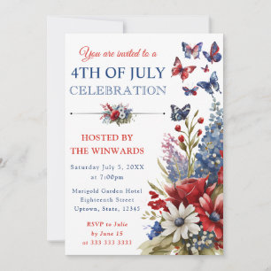 Watercolor Red, Blue & White Flowers 4th of July Invitation