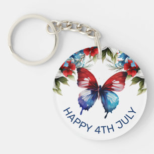 Watercolor Red, Blue & White Flowers 4th of July Key Ring