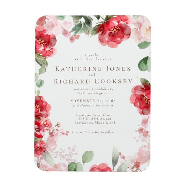Watercolor Red & Blush Floral Wedding Invitation Magnet (Vertical)