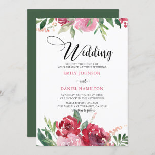 Watercolor Red Blush Pink  Green Floral Wedding Invitation