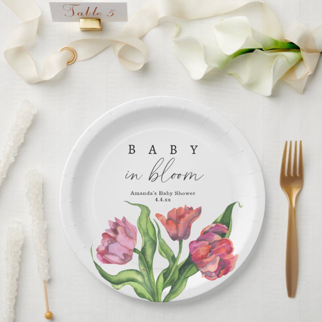 Watercolor red bouquet flowers - baby in bloom paper plate (Wedding)