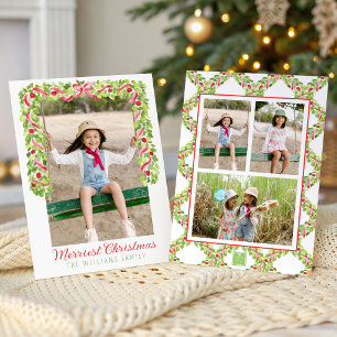 Watercolor Red Bow Fluffy Garland Swag Photo Holiday Card