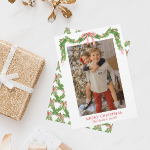 Watercolor Red Bow Garland Christmas Holiday Card