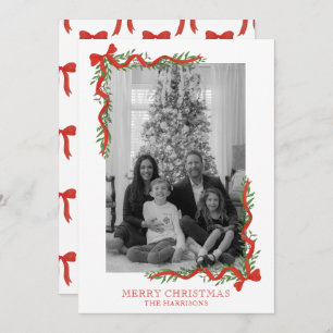 Watercolor Red Bow Garland Photo Holiday Card