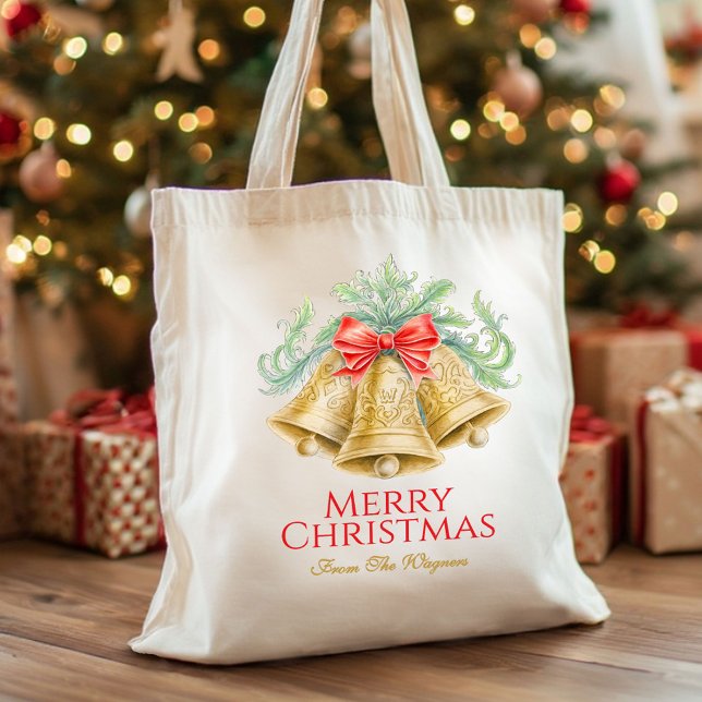 Watercolor red bow gold bells Christmas custom Tote Bag (Creator Uploaded)