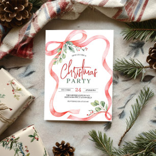 Watercolor Red Bow & Holly Berries Invitation