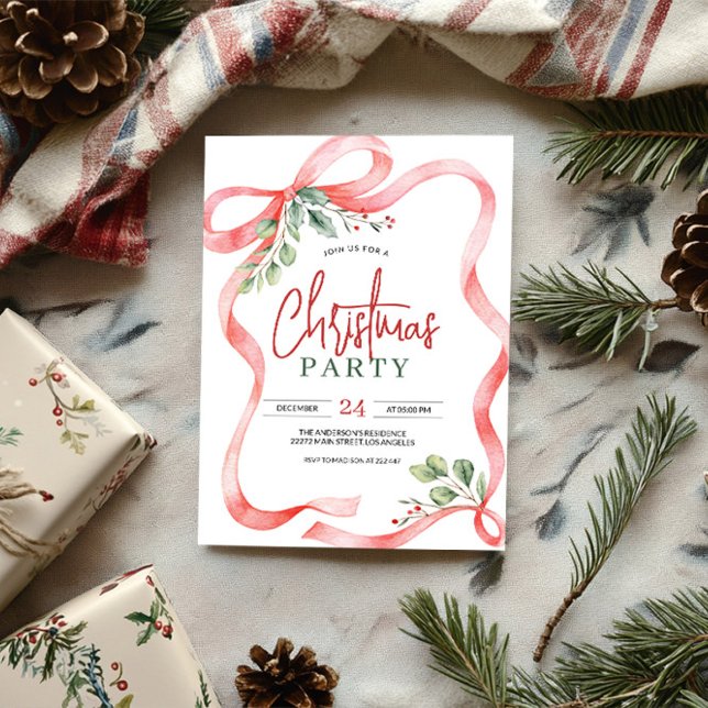Watercolor Red Bow & Holly Berries Invitation (Creator Uploaded)