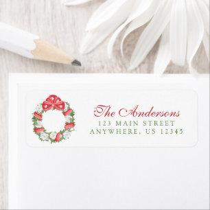 Watercolor Red Bow Magnolia Christmas Wreath Return Address Label