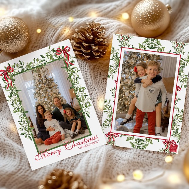 Watercolor Red Bow Mistletoe Garland Photo Holiday Card (Creator Uploaded)