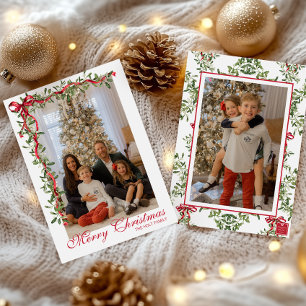 Watercolor Red Bow Mistletoe Garland Photo Holiday Card