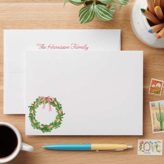 Watercolor Red Bow Wreath Christmas Envelope (Desk)