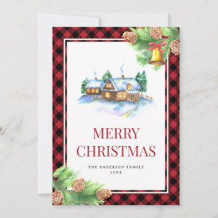 Watercolor Red Buffalo Plaid Christmas Holiday Card