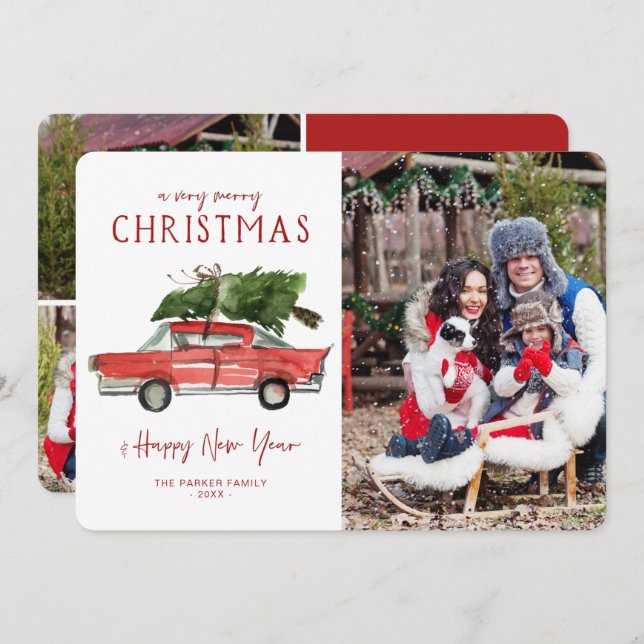 Watercolor Red Car | Christmas Holiday Photo Card (Front/Back)