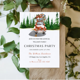 Watercolor Red Car & Gifts Christmas Party  Invitation