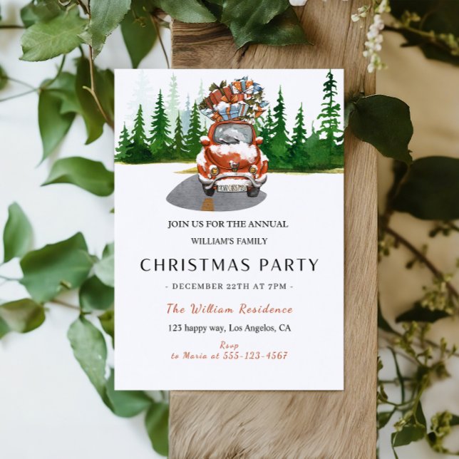 Watercolor Red Car & Gifts Christmas Party  Invitation (Creator Uploaded)