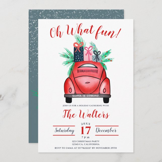 Watercolor red Car illustration Christmas party Invitation (Front/Back)