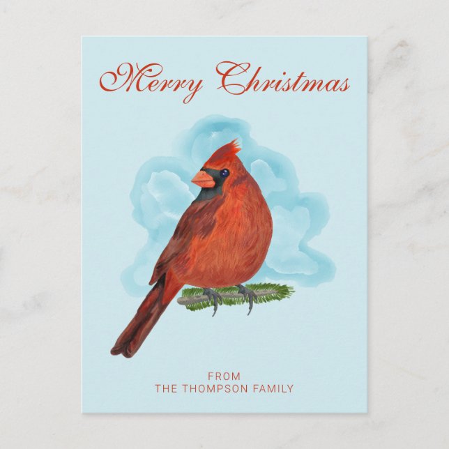 Watercolor Red Cardigan Cute Bird Merry Christmas Holiday Postcard (Front)