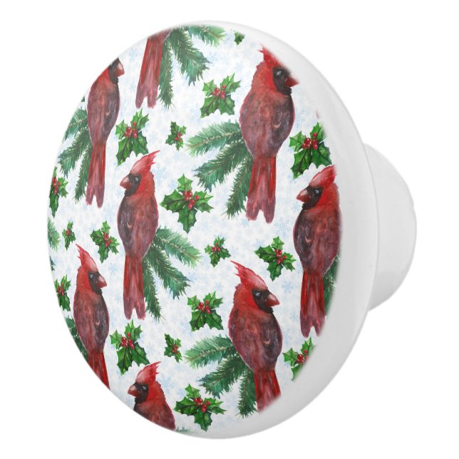 watercolor Red Cardinal Bird Ceramic Knob (Right)