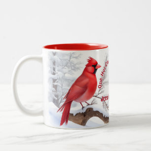 Watercolor Red Cardinal Bird Custom Name & Text on Two-Tone Coffee Mug