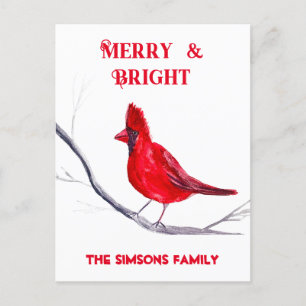 Watercolor Red Cardinal Bird Merry Christmas Holiday Postcard
