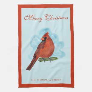 Watercolor Red Cardinal Bird Merry Christmas Tea Towel