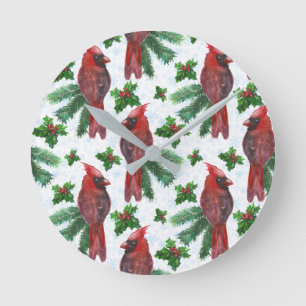 watercolor Red Cardinal Bird Round Clock