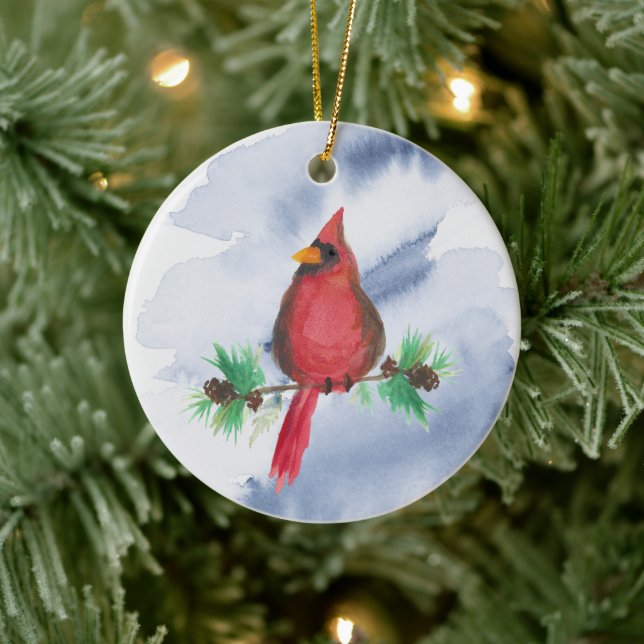 Watercolor Red Cardinal Christmas Ornament (Tree)