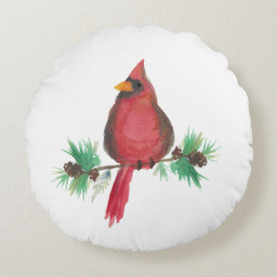 Watercolor Red Cardinal Christmas Round Cushion