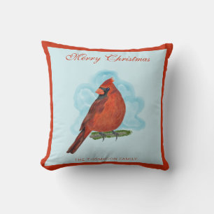 Watercolor Red Cardinal Family Name Christmas Cushion